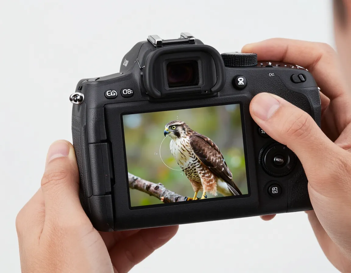Modern camera with animal eye detection focused on a perched hawk
