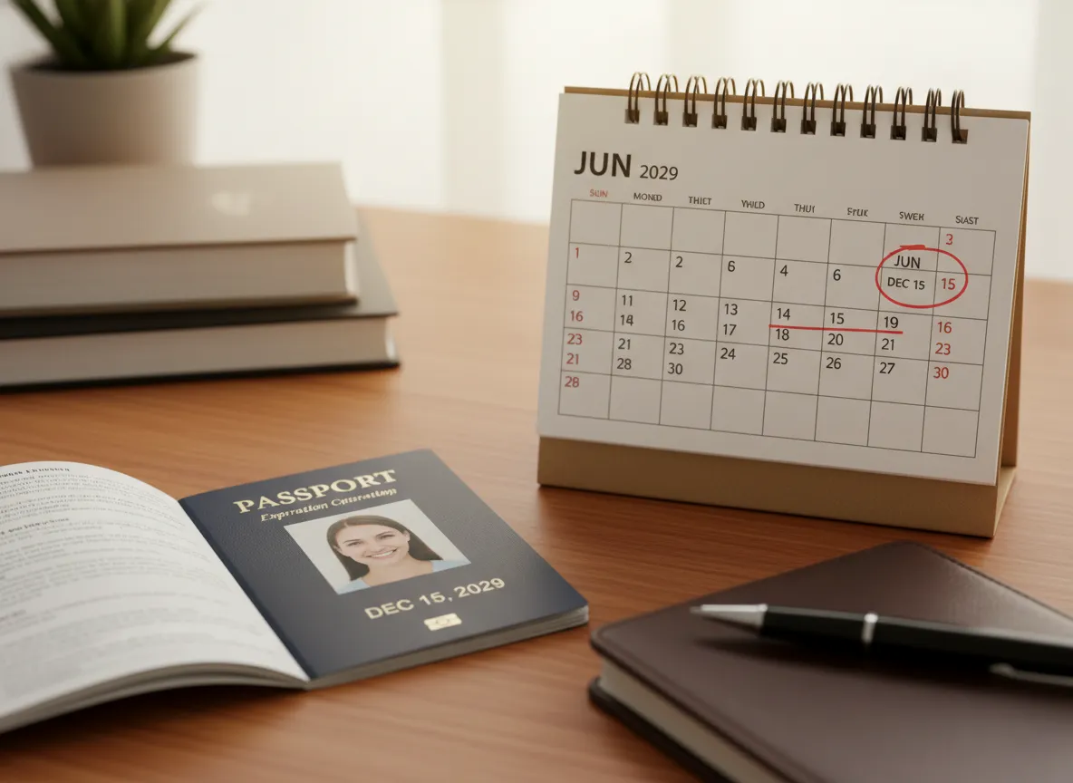 Passport open on table with calendar showing six month validity