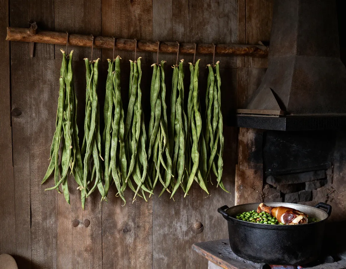 Dried leather britches green beans hanging thread ham hock