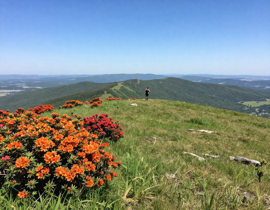 Grassy mountain bald summit with rare flame azalea blossoms