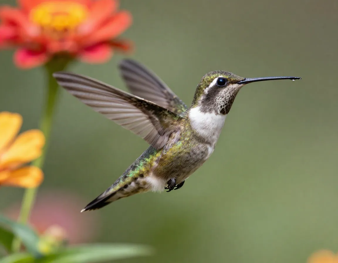 Hummingbird in mid flight frozen by fast shutter speed