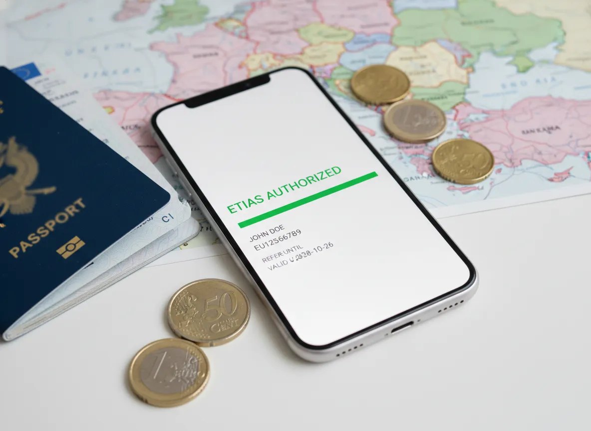 Smartphone displaying etias approval with passport and euro coins