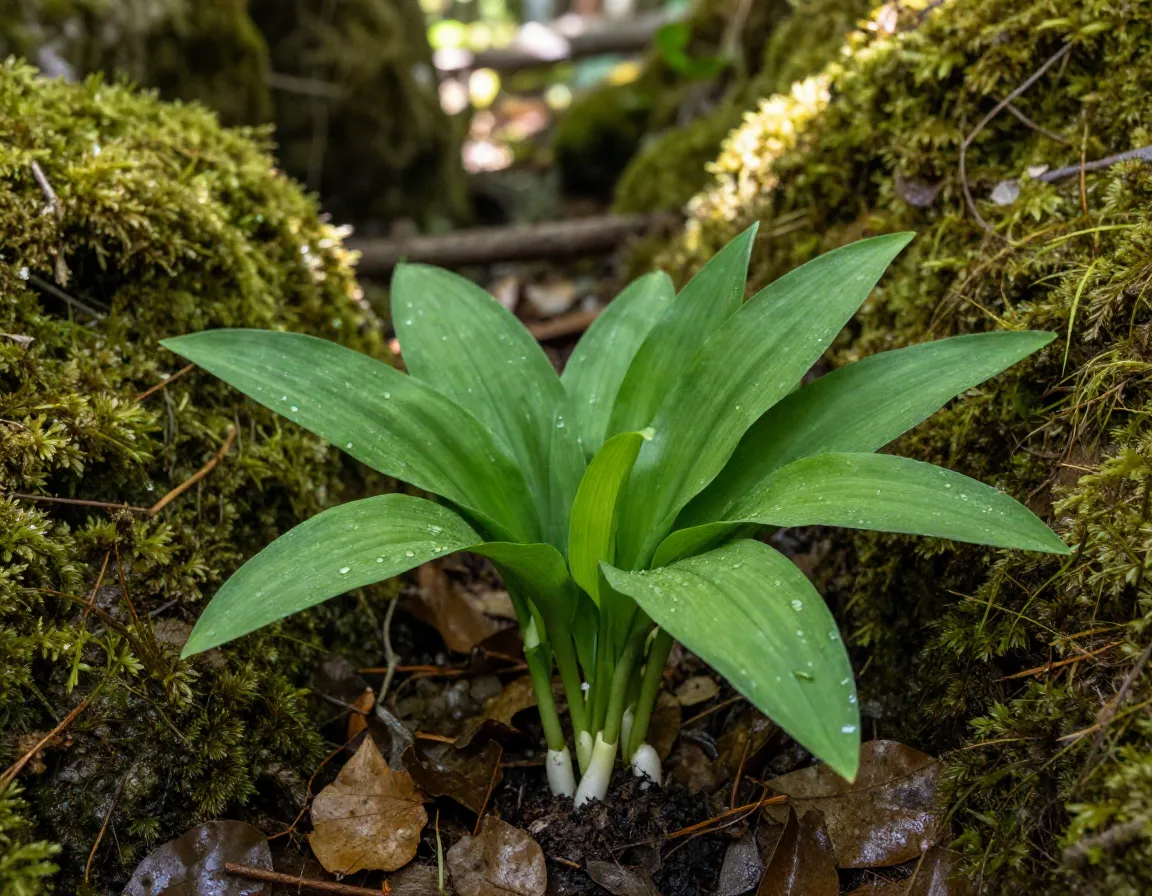 Fresh foraged ramps wild leeks in shaded forest creek hollow