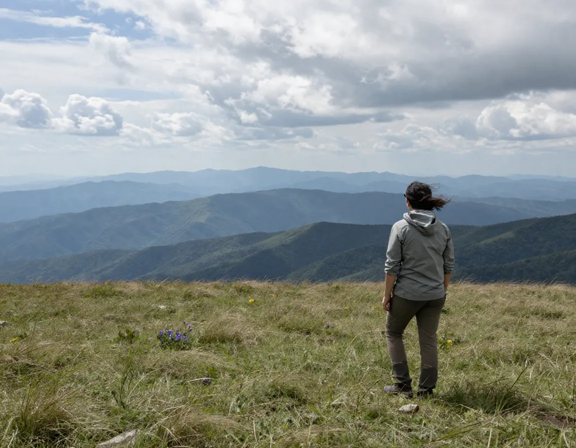 Hiker on exposed grassy bald with panoramic ridgeline vistas