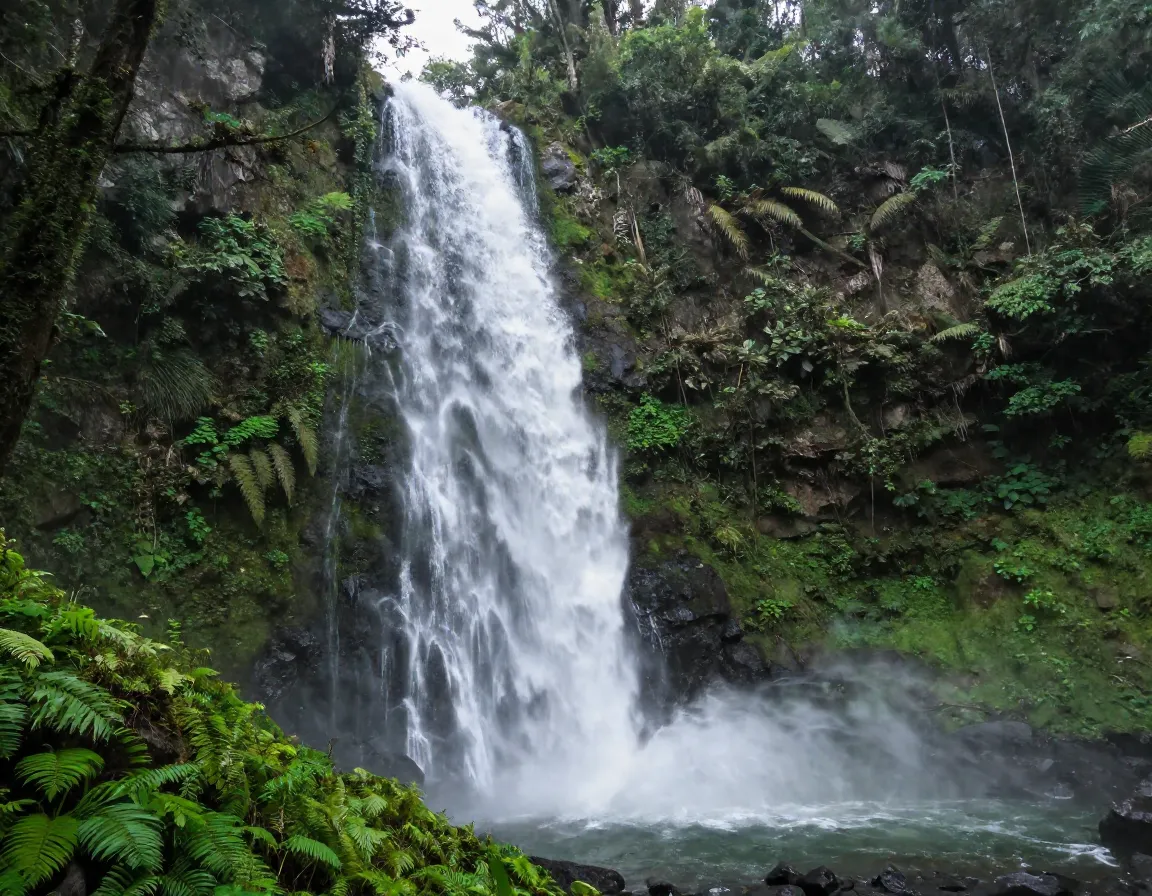 Magia blanca waterfall descending through dense cloud forest at la paz
