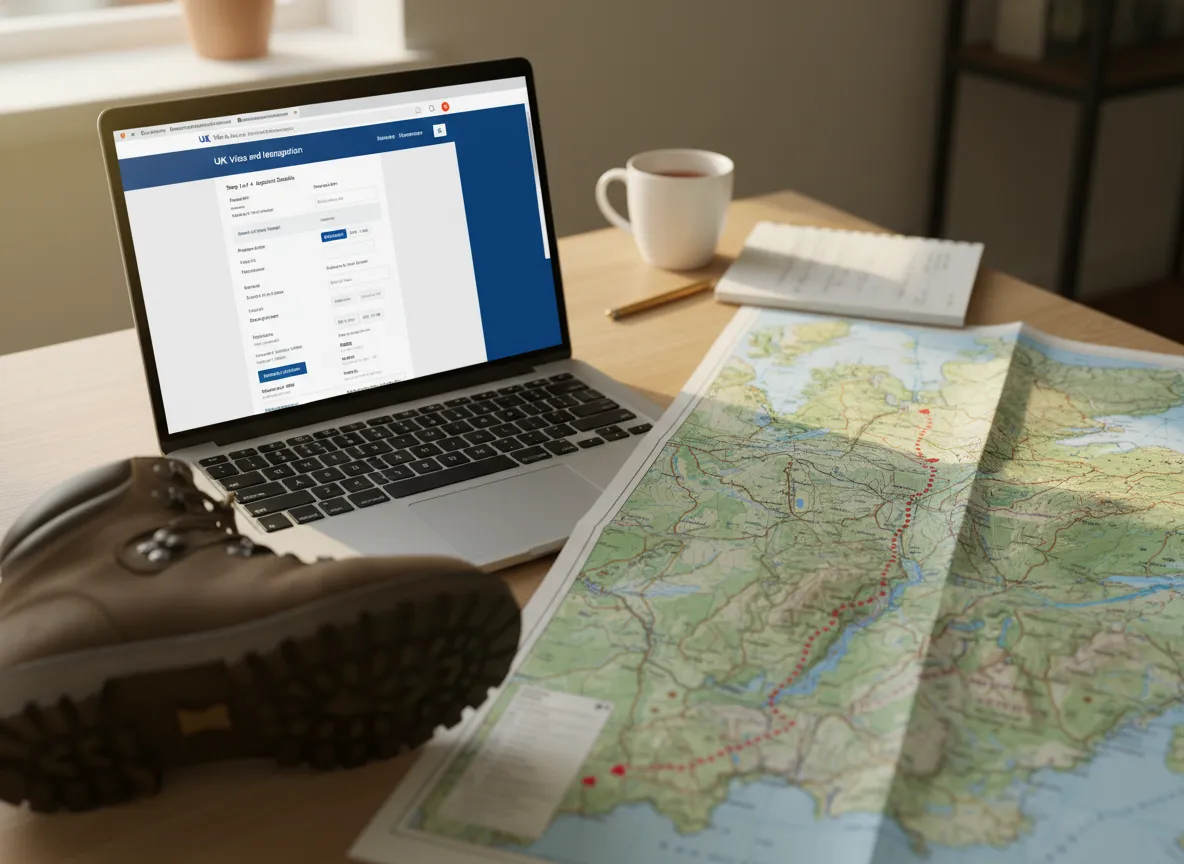 Uk eta application on laptop with hiking map of scotland