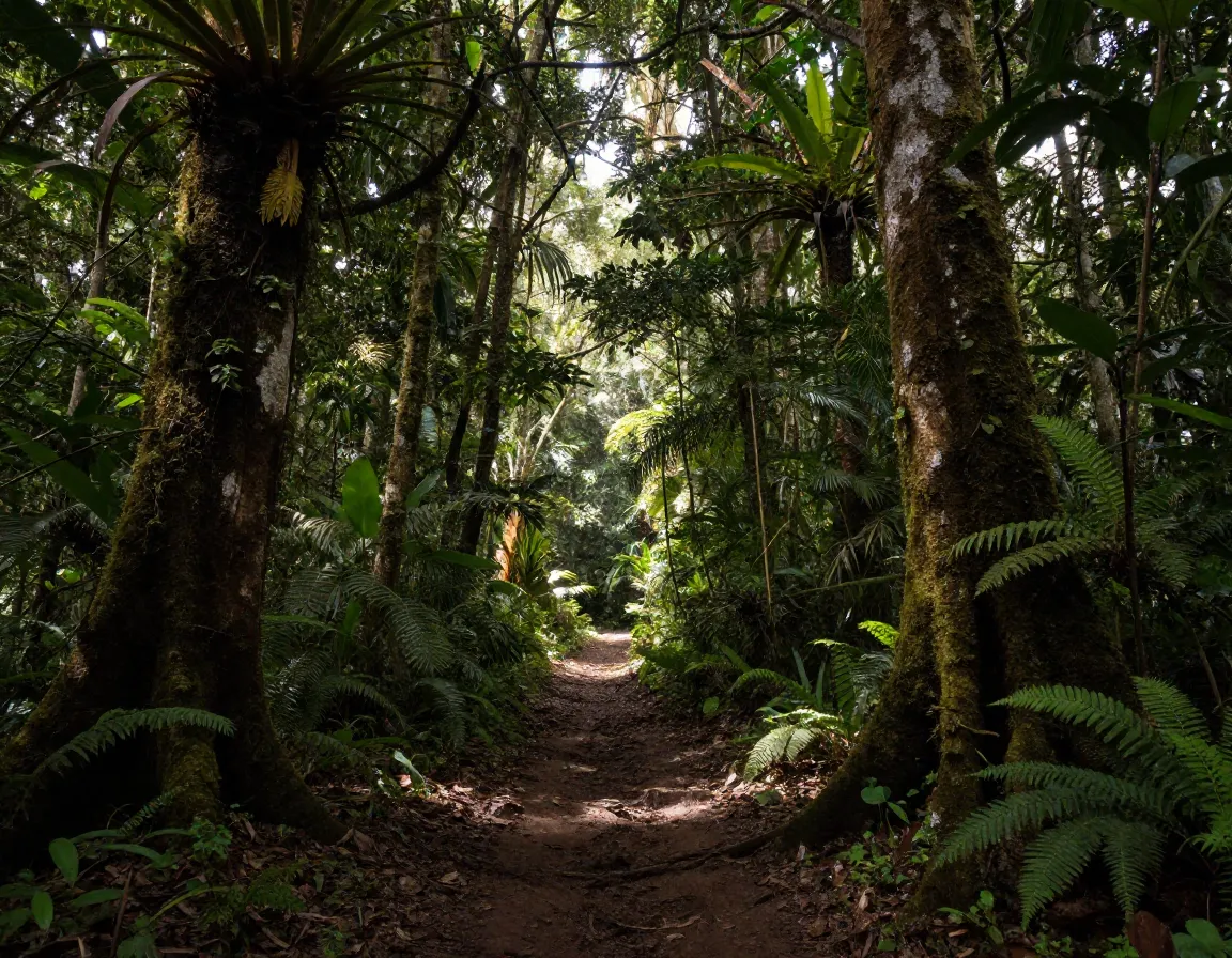 Dense primary rainforest trail in braulio carrillo national park