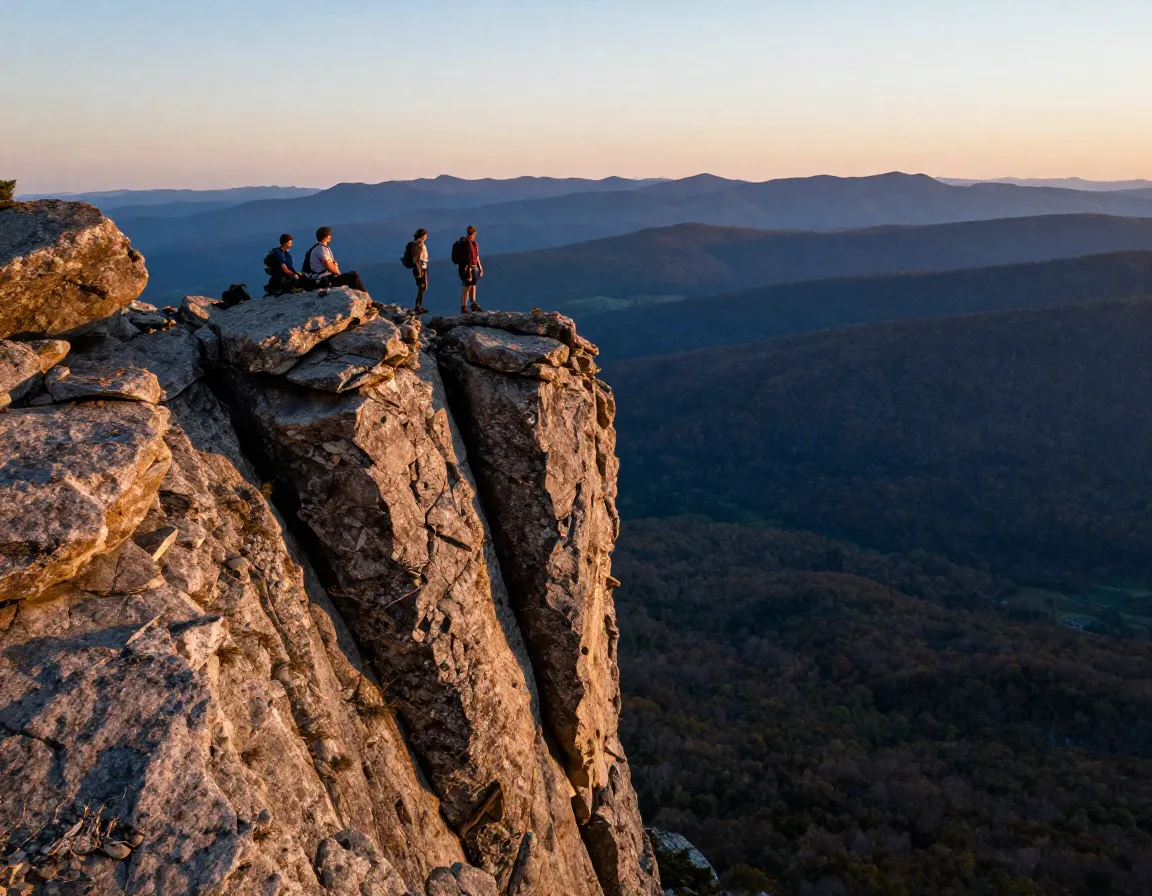 Hiker on rocky appalachian trail outcrop overlooking sheer drop