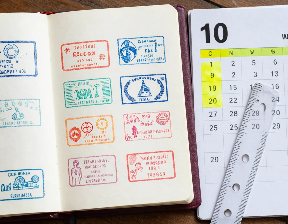 Passport stamps filling pages next to a marked 90 day calendar