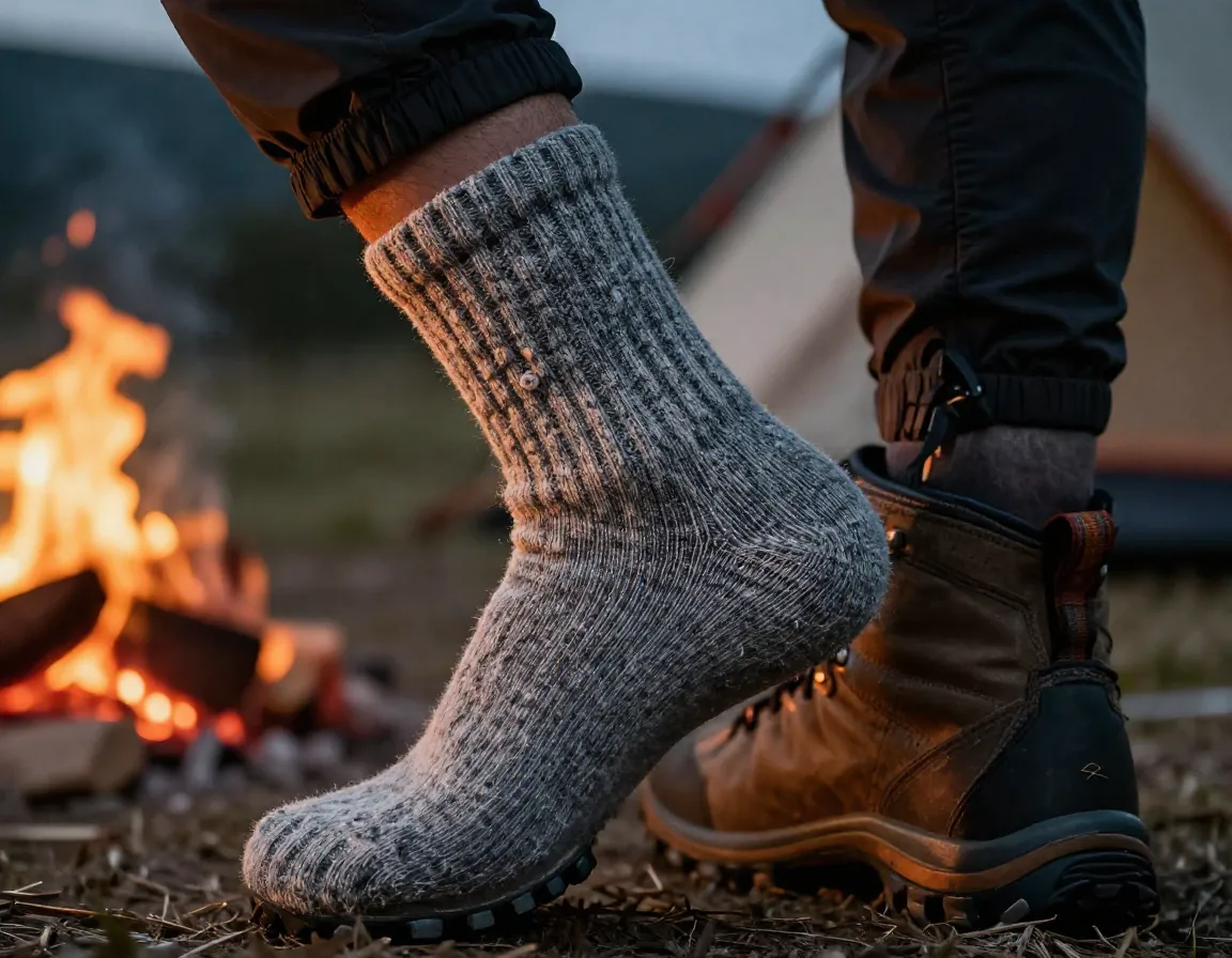 Wool socks cushioning feet on hiking boot at camp
