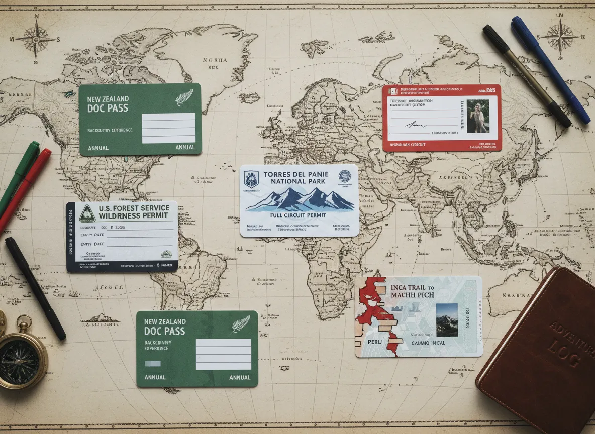 Collection of international trail permits and hut passes on map