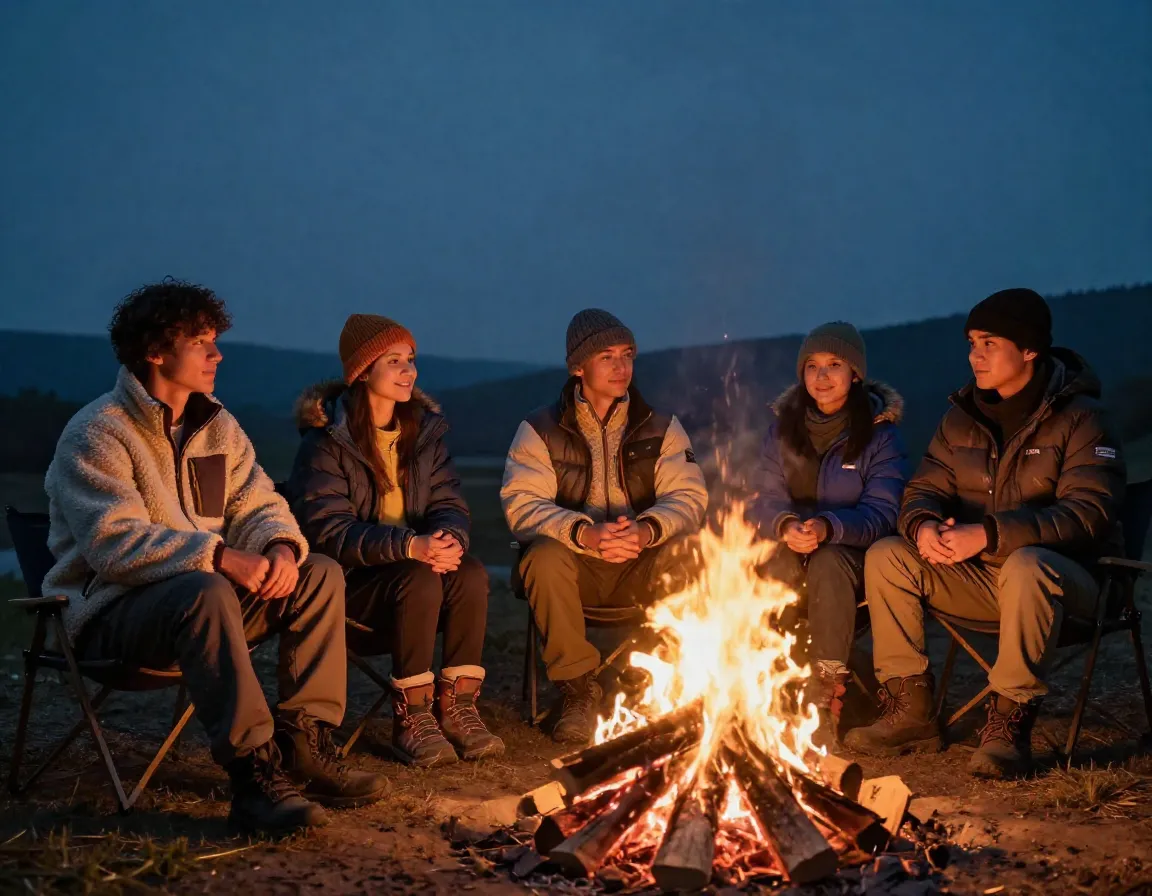 Fleece jacket fluffy interior down jacket campfire evening