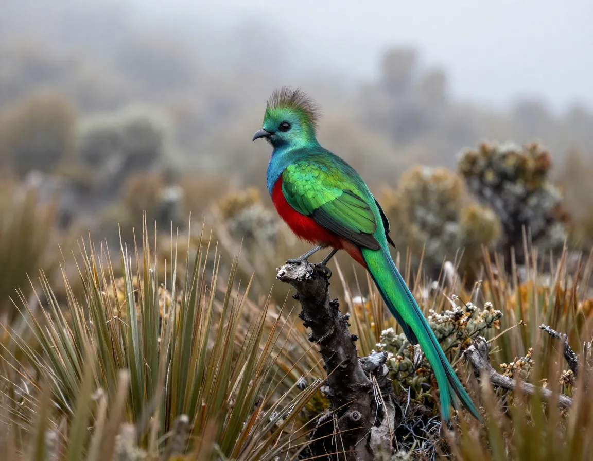 Resplendent quetzal perched in a highland paramo shrubland