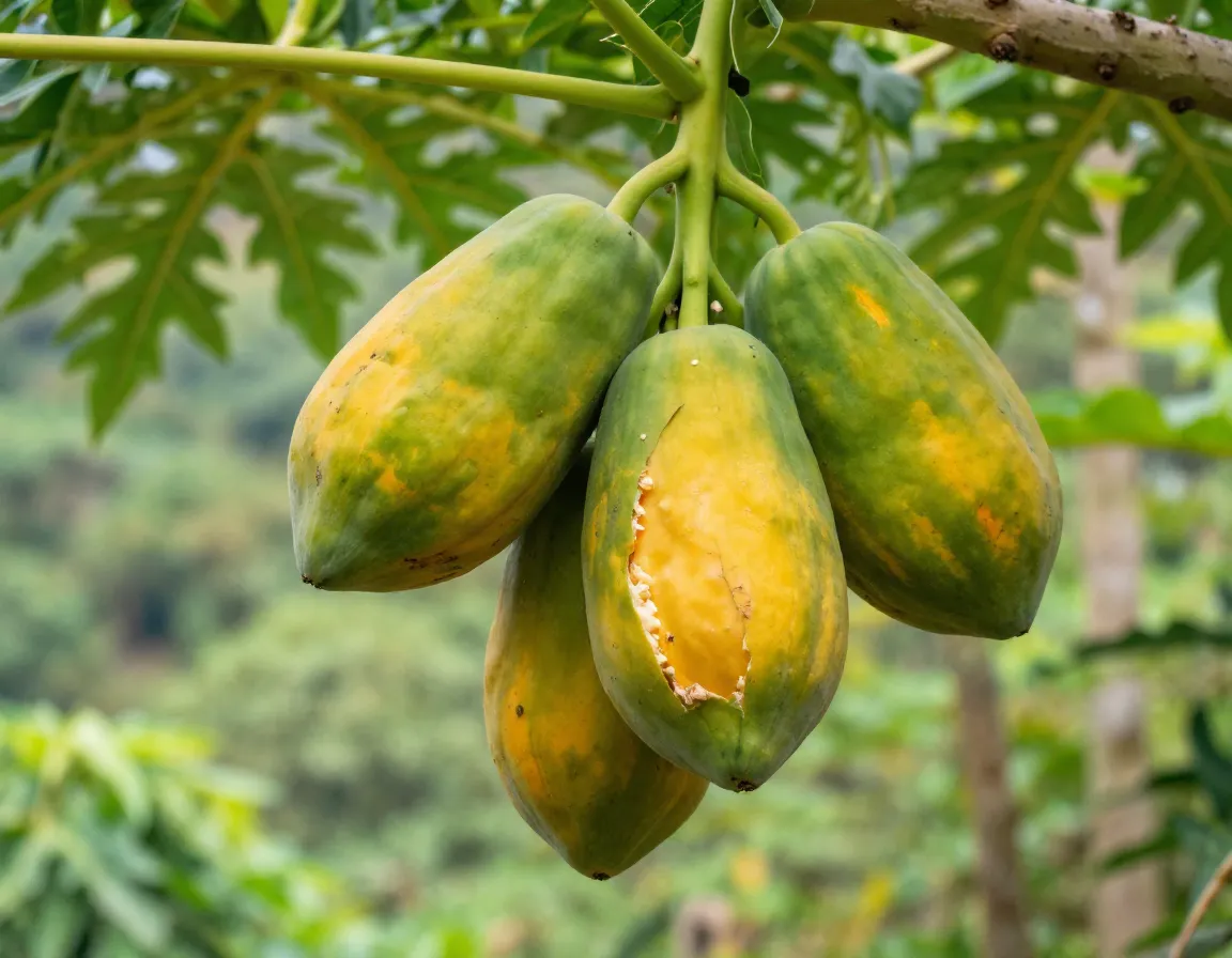 Ripe pawpaw fruit cluster on tree branch green yellow skin