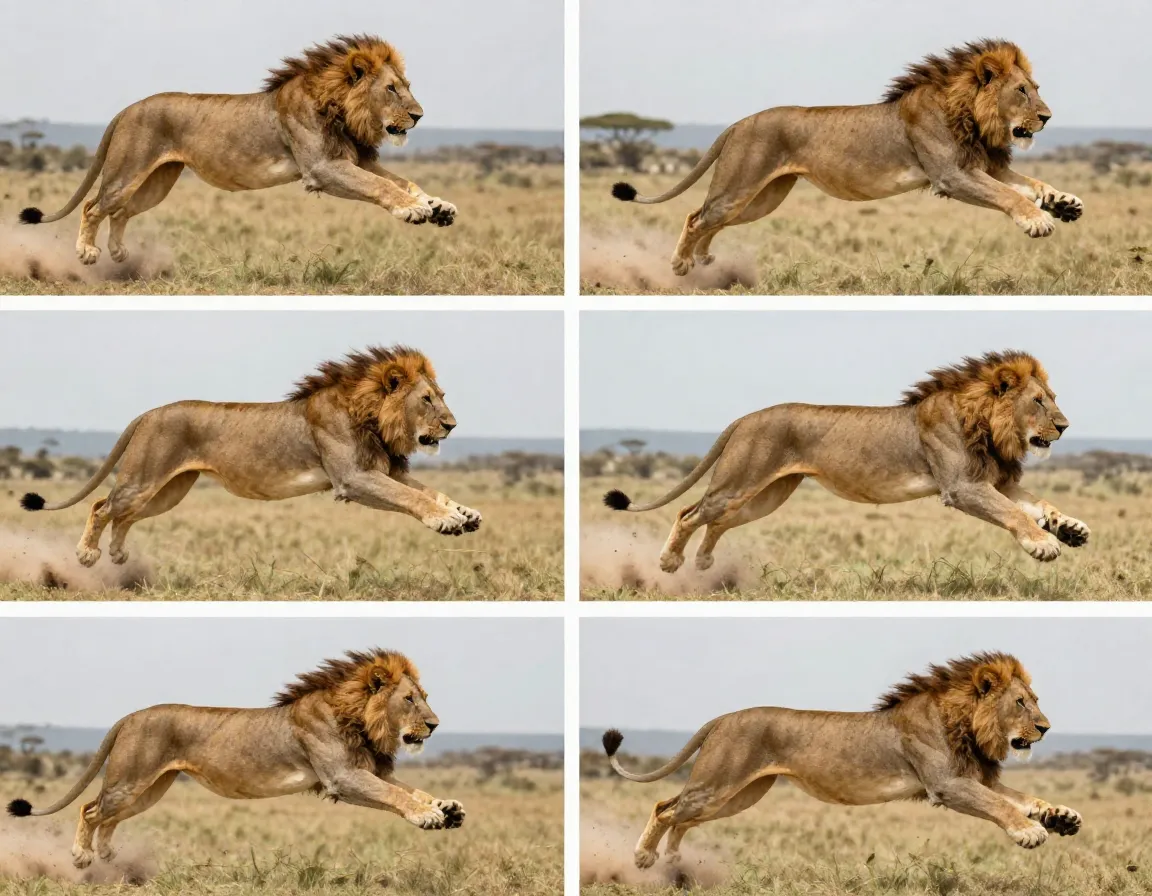 Sequence of a lion leaping captured in burst mode