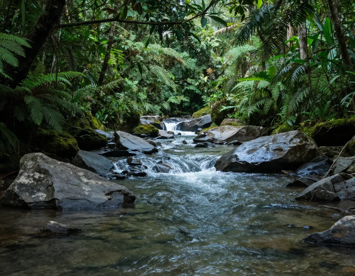 Cloud forest river rushing through lush vegetation in tapanti national park