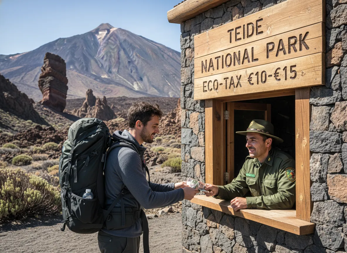 Hiker paying park fee at tenerife teide national park entrance