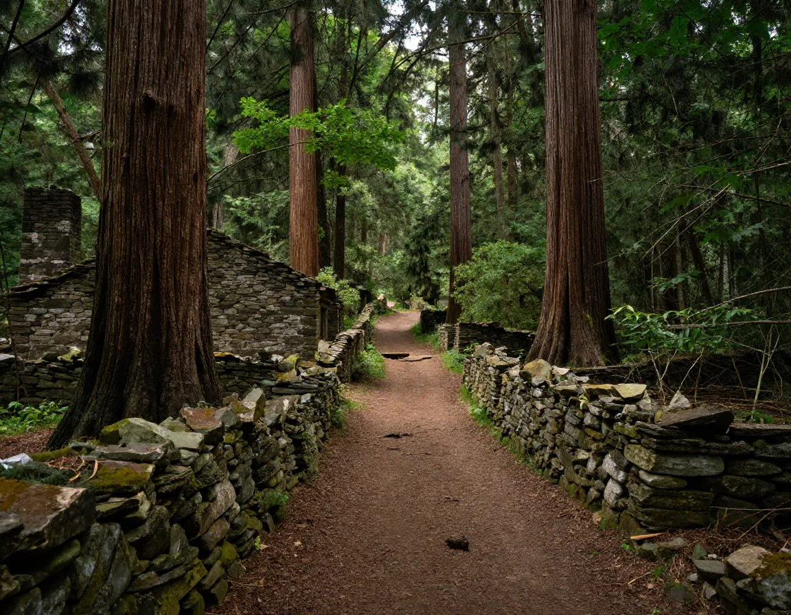 Old growth forest trail with historic homestead stone ruins