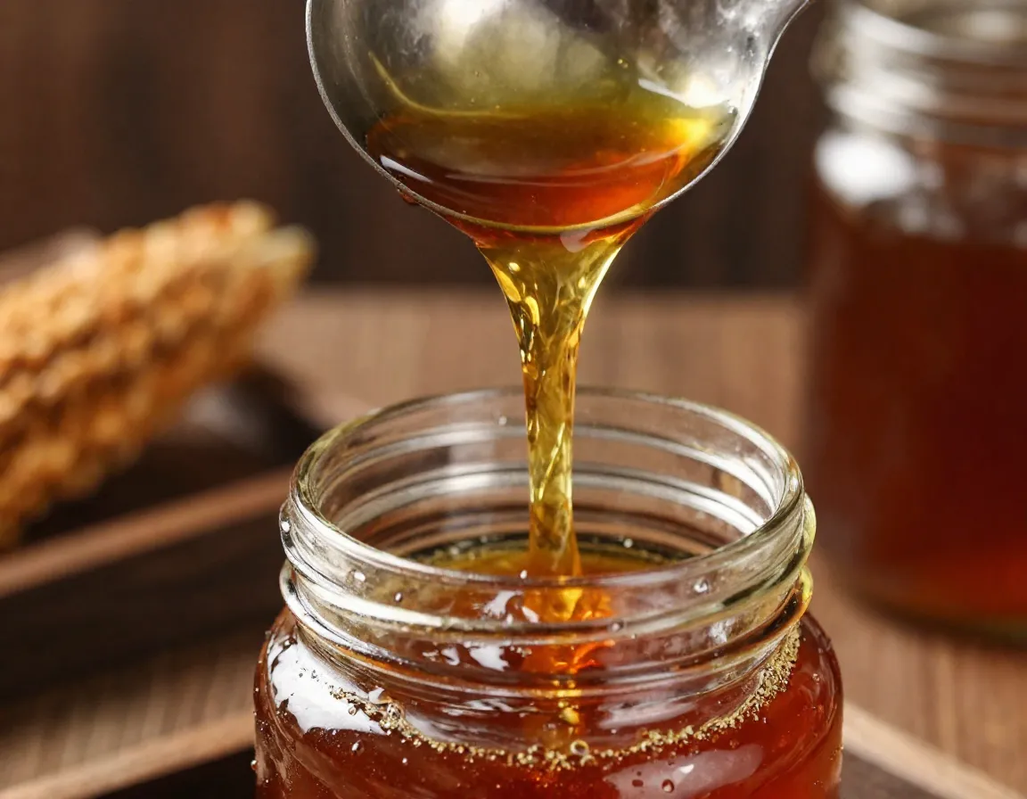 Sorghum syrup pouring from ladle into glass jar thick stream
