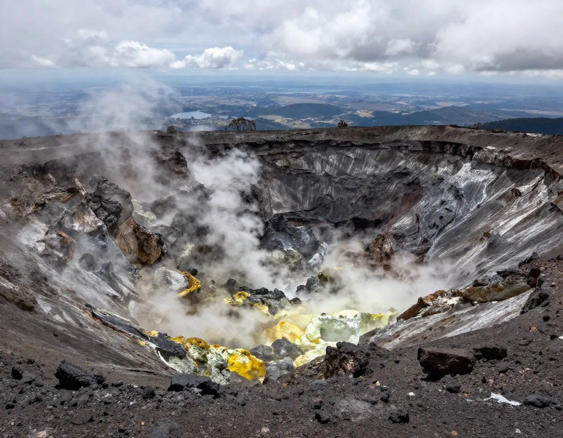 Active turrialba volcano crater with steaming fumaroles and ash