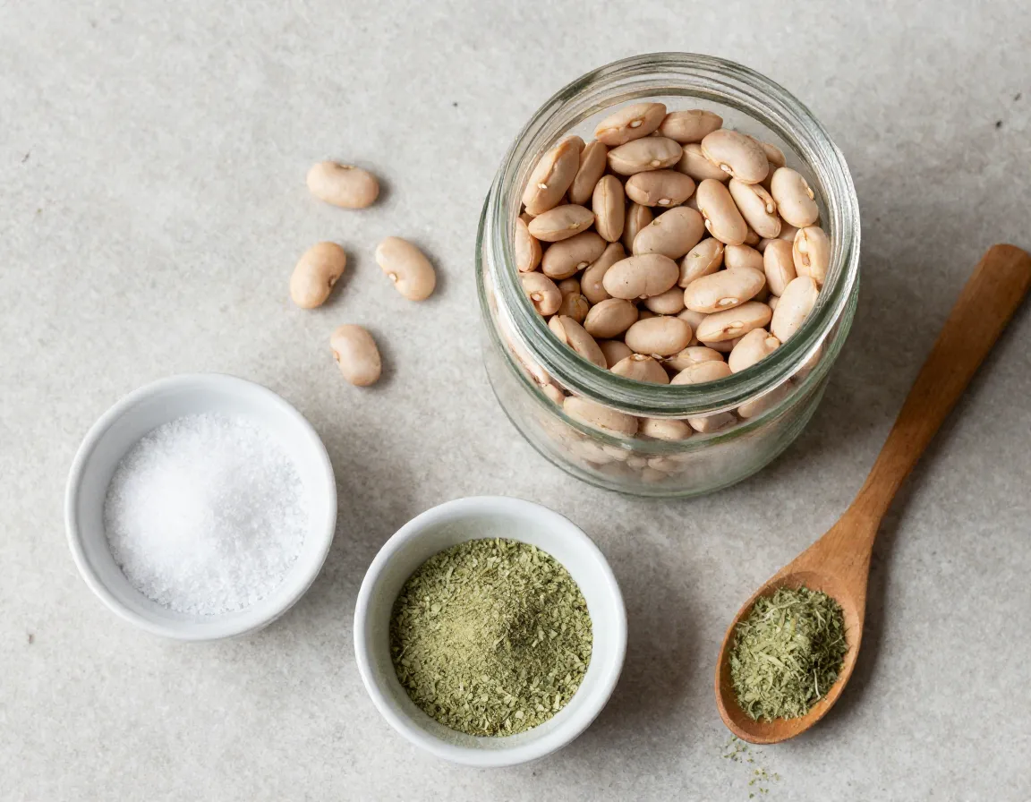 Dehydrated pinto beans in jar with smoked salt ramp powder