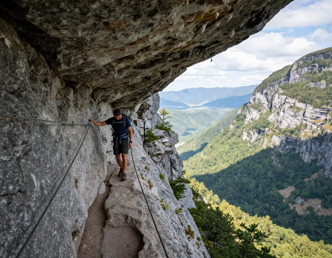 Hiker on narrow trail ledge with cable handhold by bluff