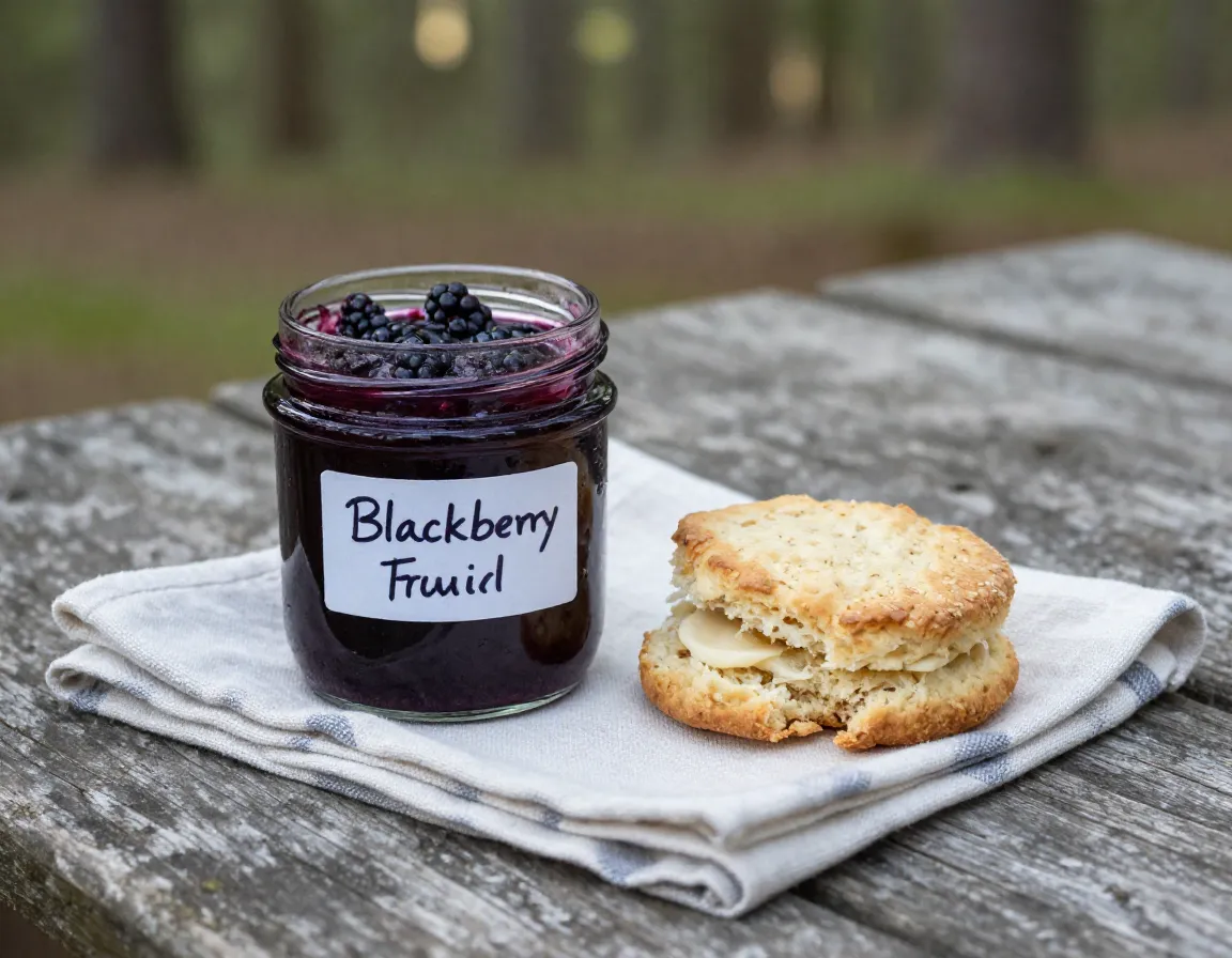 Blackberry jam jar homemade biscuit cloth napkin forest background