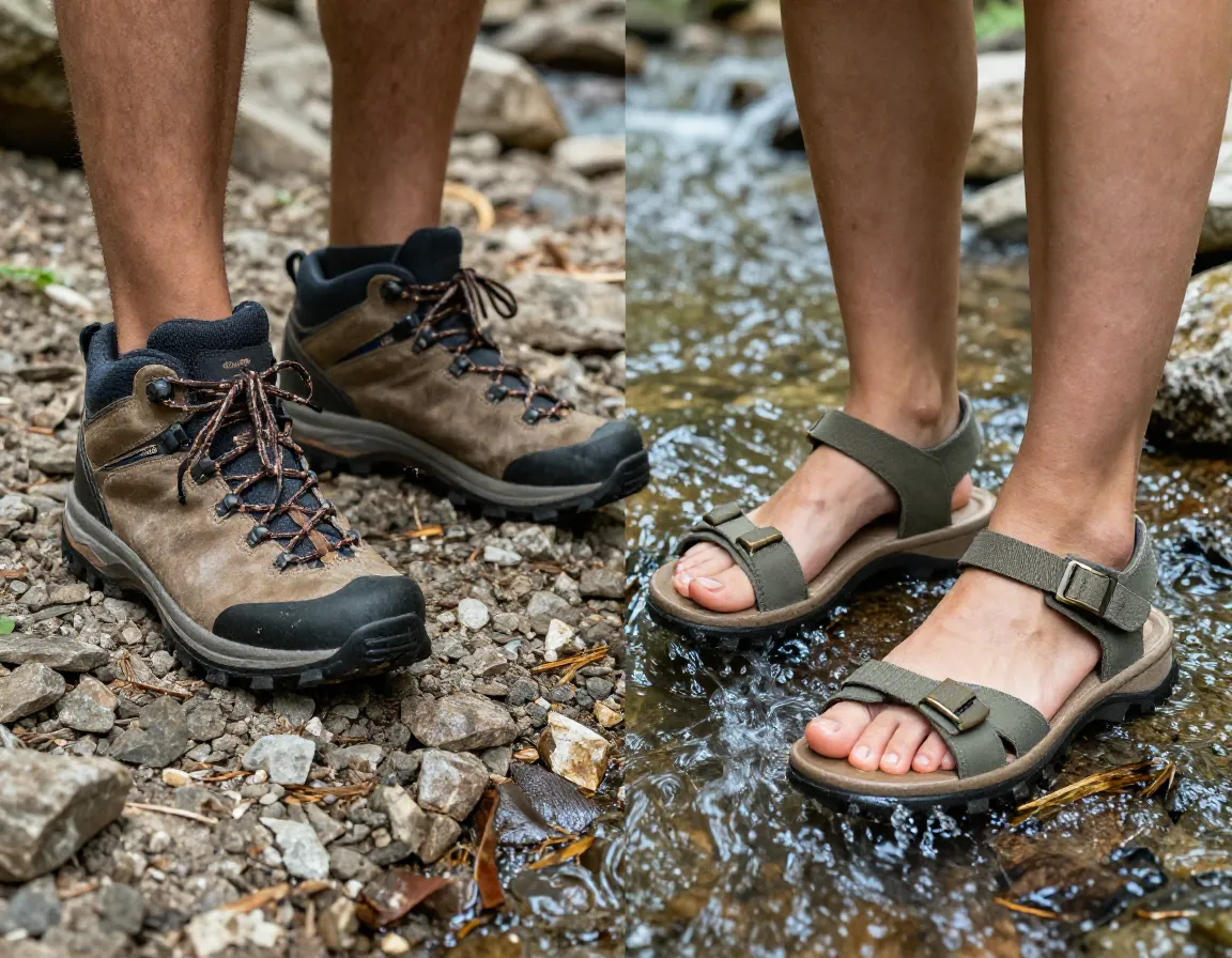 Hiking boots ankle support camp sandals stream crossing