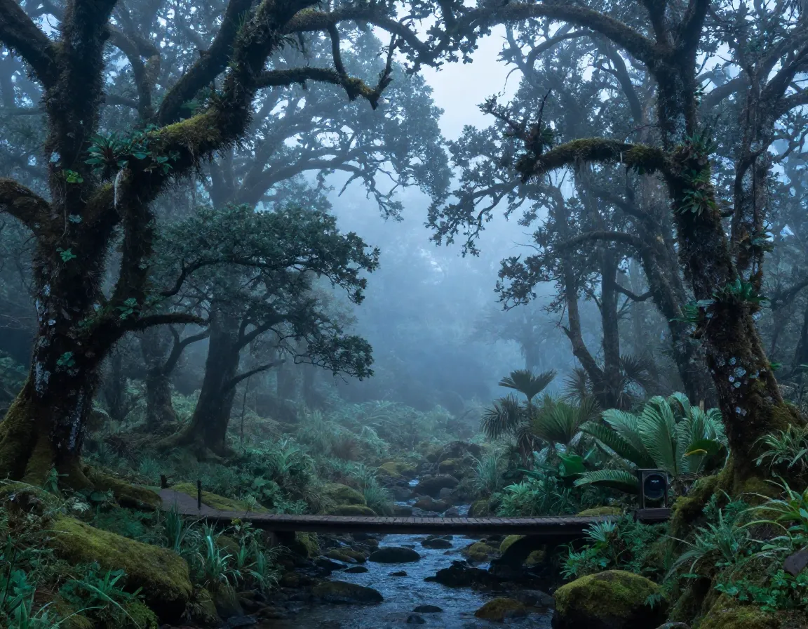 Misty oak forest in savegre valley at dawn for birdwatching