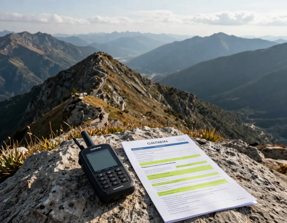 Satellite communicator and insurance documents on a mountain ridge