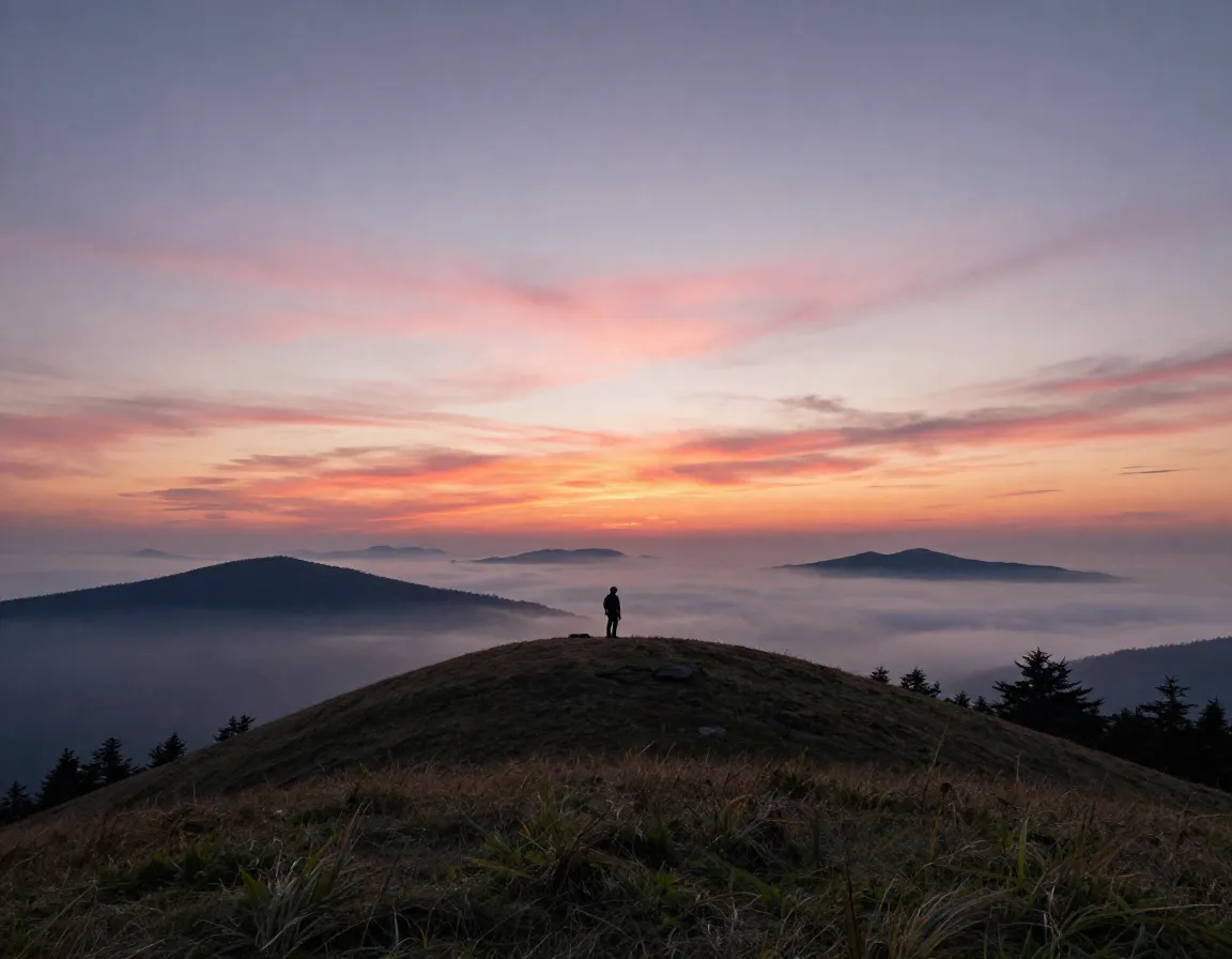 Sunrise over 360 degree mountain views from grassy bald summit