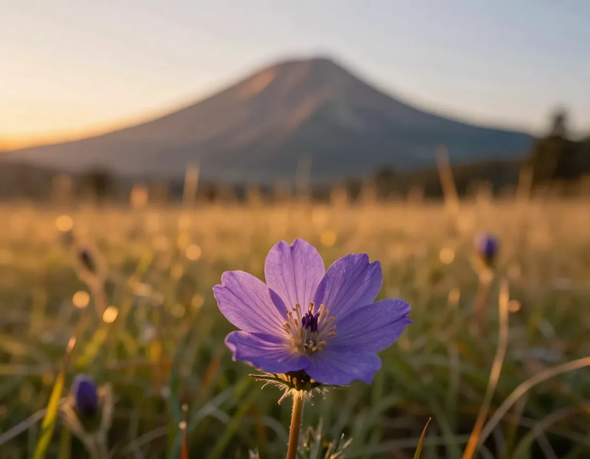 Focus stacked image of a sharp flower and mountain at golden hour