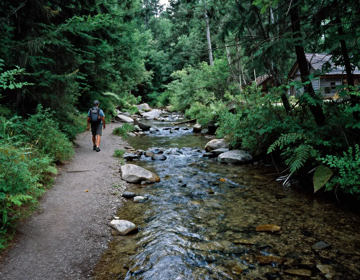 Remote forest trail following crystal clear stream for trout fishing