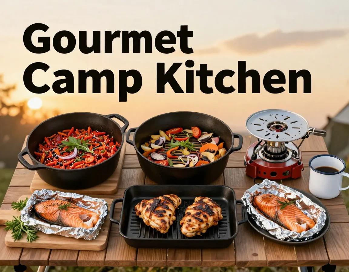 Gourmet camp kitchen dutch oven chicken salmon herbs