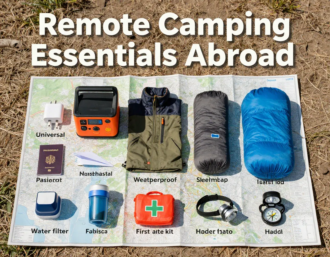 Universal adapter power station weatherproof jacket sleeping bag pad gear arrangement