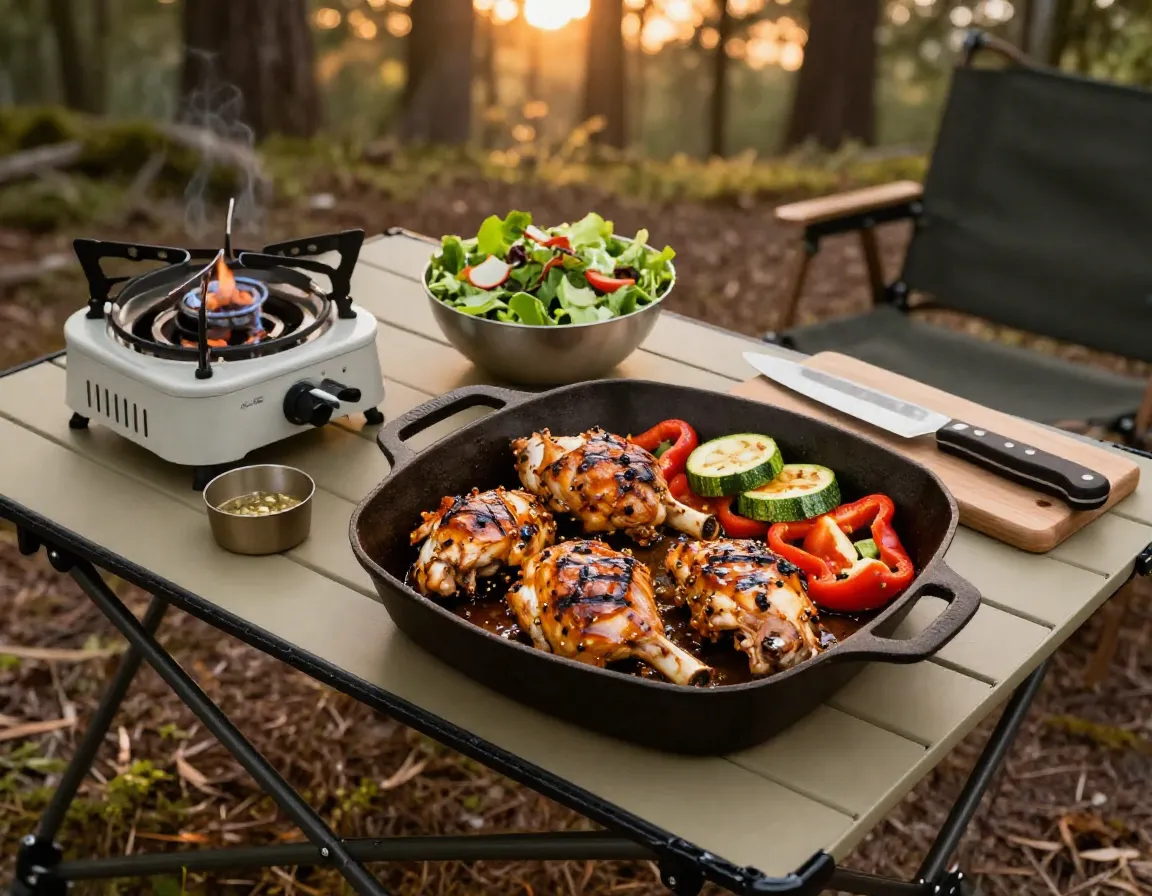 Marinated honey italian chicken grilled at campsite with vegetables and table