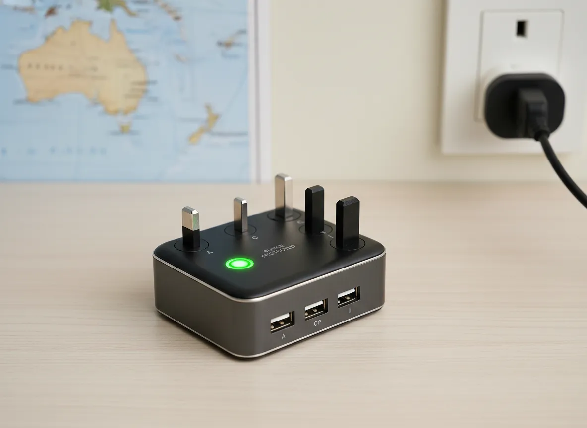 Universal electrical adapter international plugs on wooden table