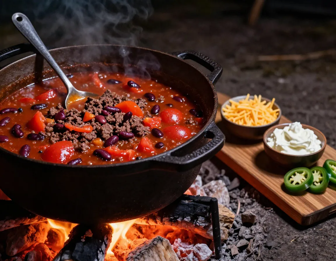 Dutch oven campfire chili simmering over coals with toppings nearby