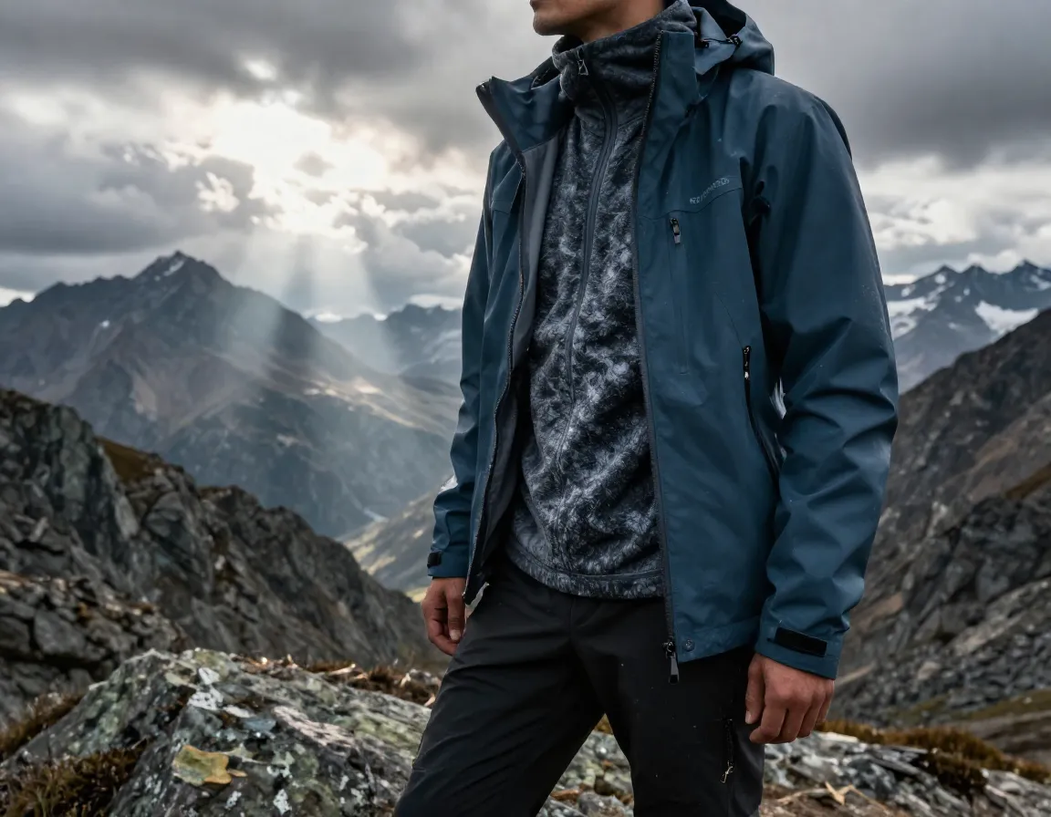 Hiker in waterproof jacket layers on windy mountain ridge