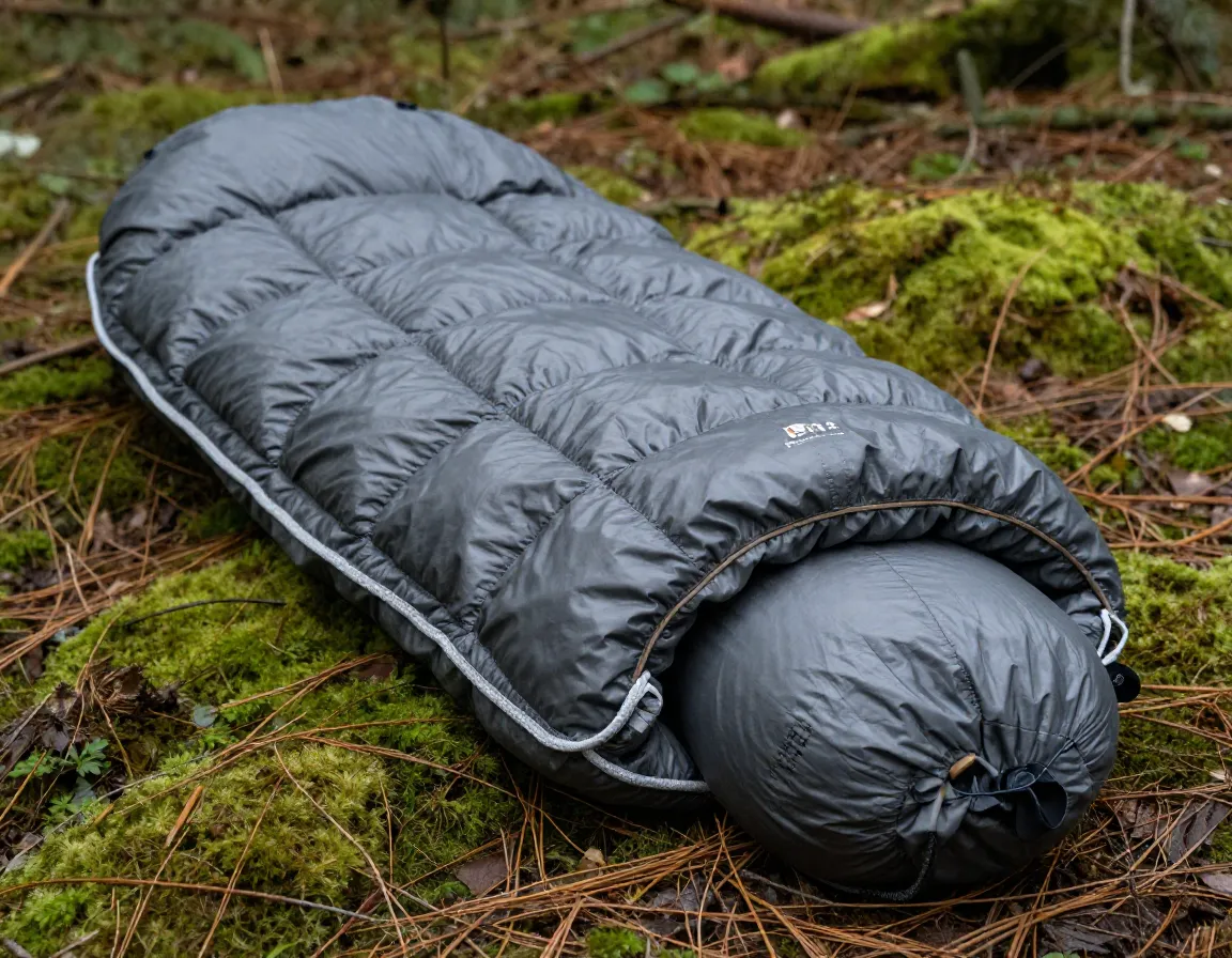 Down mummy sleeping bag compression sack mossy forest