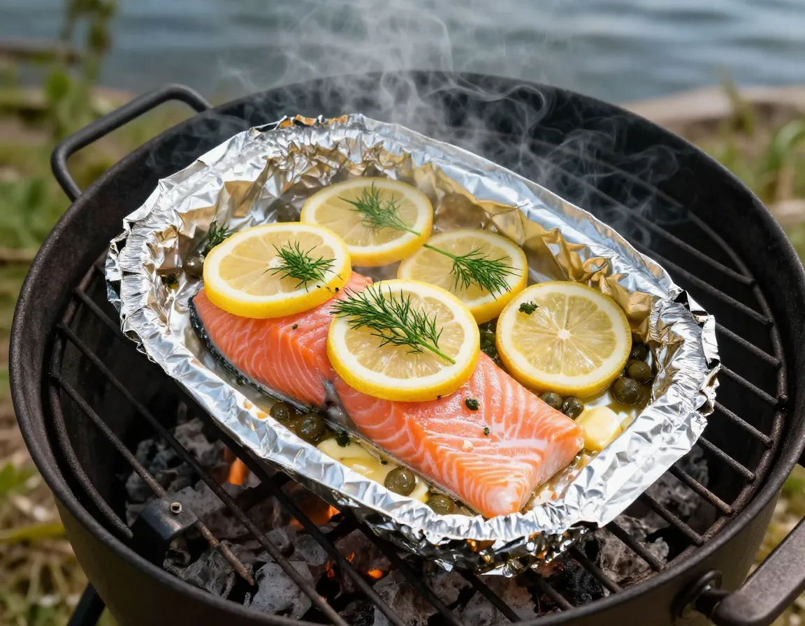 Foil packet salmon with lemon and dill steaming on campfire grill