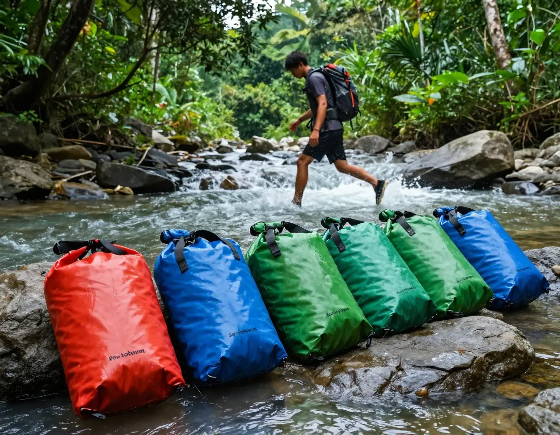Colorful dry bags riverbank jungle river crossing scene
