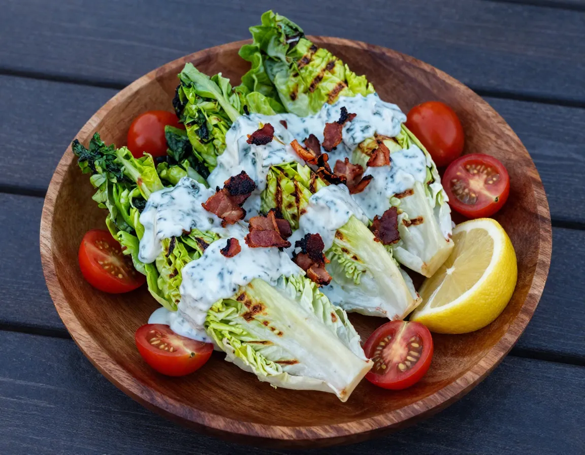 Grilled wedge salmon salad with blue cheese dressing on wooden plate