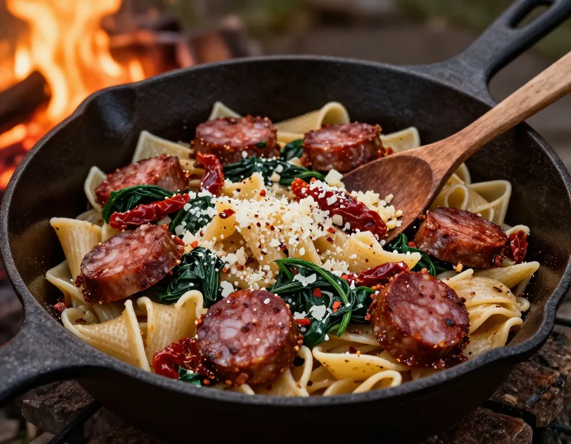 Campfire pasta with sun dried tomatoes and sausage in a skillet
