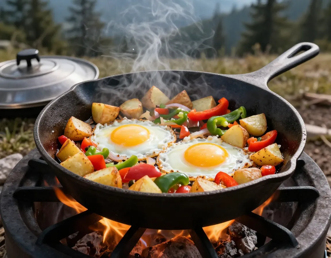 Breakfast skillet with eggs potatoes and peppers cooking over fire