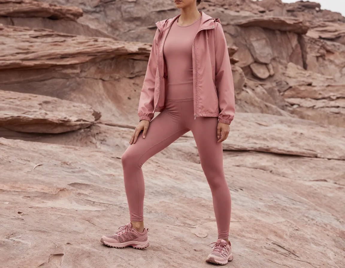 Monochrome trail look matching dusty rose set tonal windbreaker
