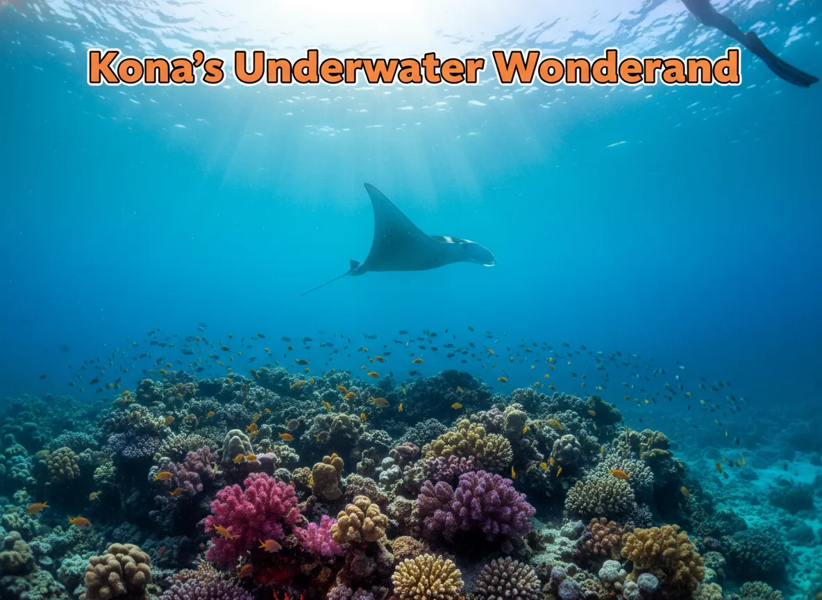 Sunlit kona coral reef with gentle manta ray and snorkeler