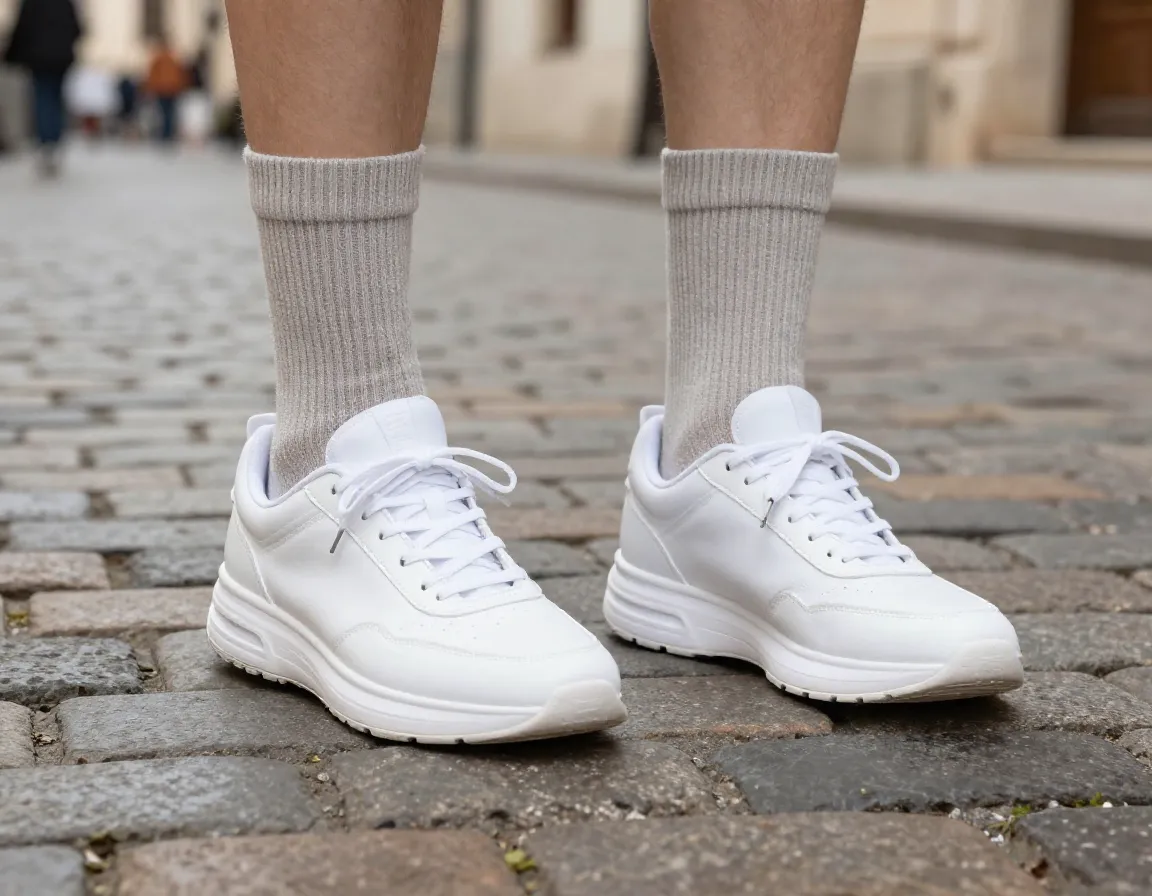 Clean supportive white sneakers on historic european cobblestone street