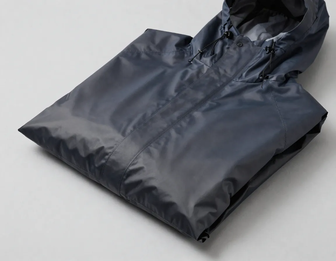 Packable rain jacket compressed into a small stuff sack