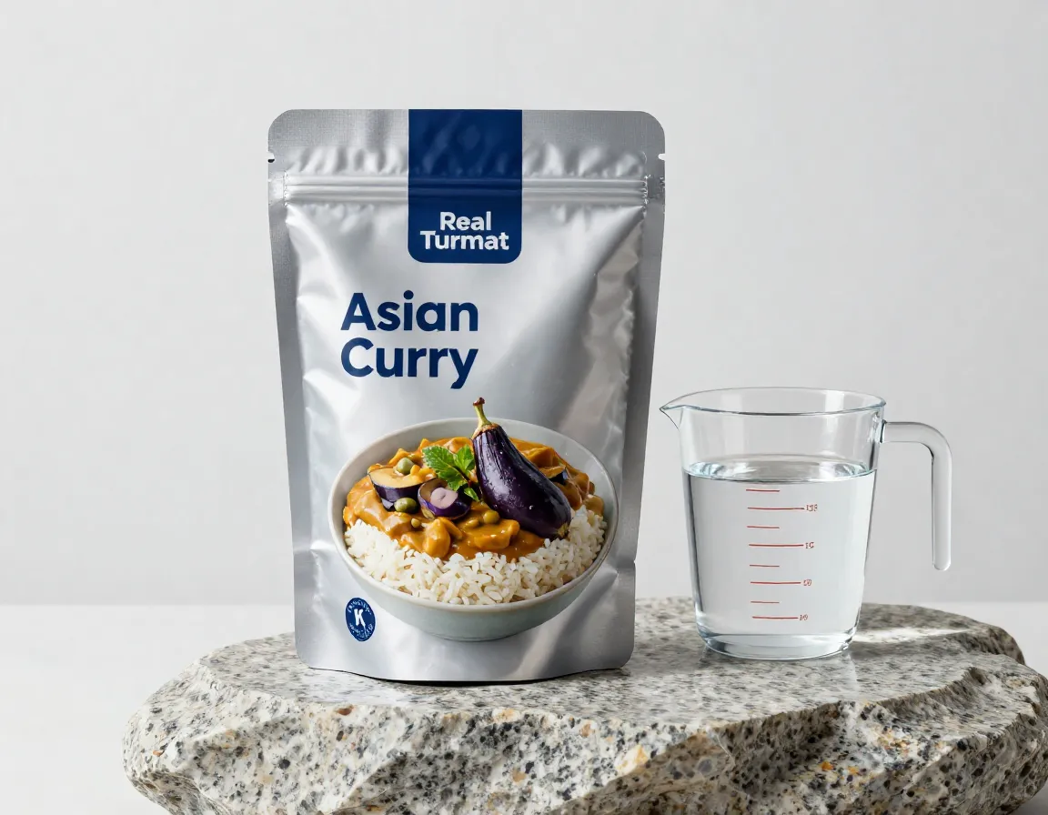 Real turmat asian curry with pea protein aubergine and rice